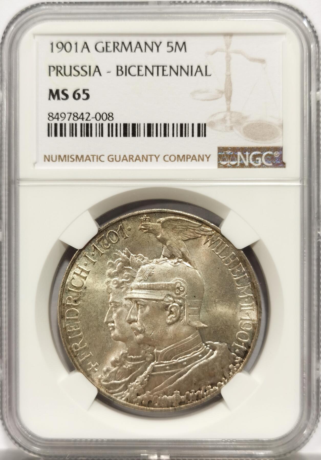 博洋堂世界钱币拍卖第143期（全场包邮） NGC MS65 1901年德国普鲁士建国200周年5马克大银币 黄油包浆，最近银价大涨，德系高分大银币也是一路狂飙，这几天HA高分德系大银币已经抢疯了，珍惜国内现货筹码机会