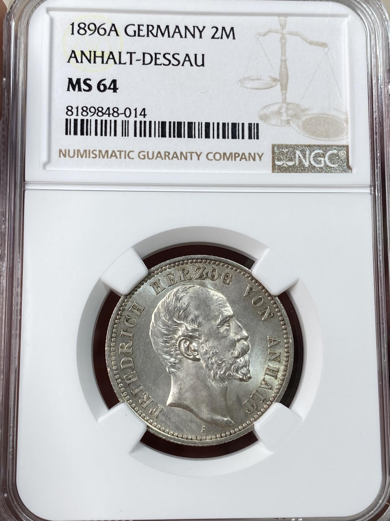 万国钱币拍卖第053期【万国秋季大拍上●周五周六两场连拍】 NGC MS64 1896年德国安哈尔特-德邵长翅2马克 高难小邦品种 仅单年发行 原光原味顶级品相