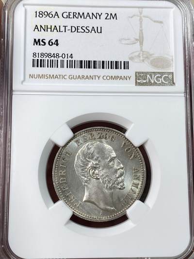 万国钱币拍卖第053期【万国秋季大拍上●周五周六两场连拍】 - NGC MS64 1896年德国安哈尔特-德邵长翅2马克 高难小邦品种 仅单年发行 原光原味顶级品相