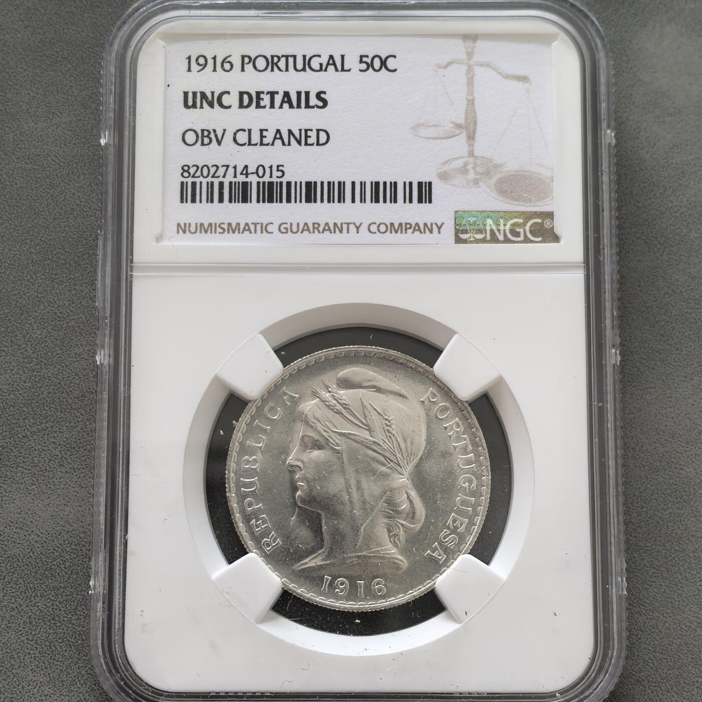 道一币馆币章第一百五十一场 NGC UNC 葡萄牙1916年谷物女神50分银币