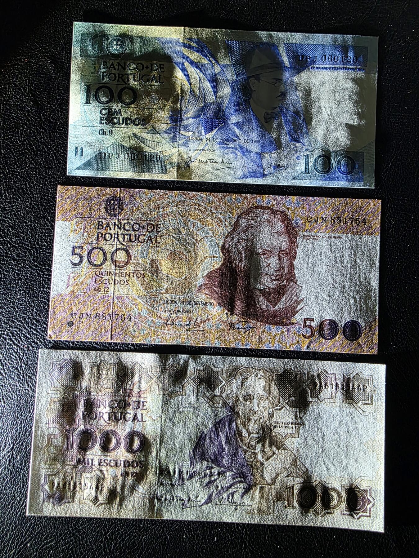 叁拾收藏第32期 葡萄牙倒二版3张（100/500/1000埃斯库多）  UNC