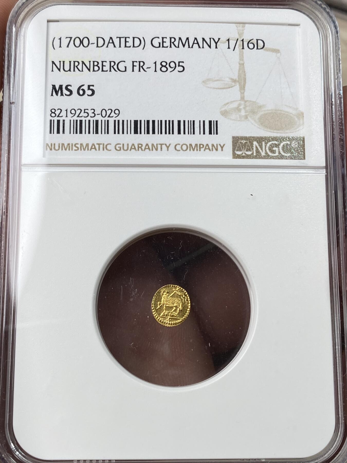 万国钱币拍卖第053期【万国秋季大拍下●周五周六两场连拍】 NGC MS65 1700年左右德国纽伦堡金羊毛1/16杜卡特金币 0.24G 小中见大的BU级别金币 纤毫毕现的顶级德系精工 典藏级品质