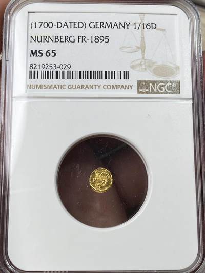 万国钱币拍卖第053期【万国秋季大拍下●周五周六两场连拍】 - NGC MS65 1700年左右德国纽伦堡金羊毛1/16杜卡特金币 0.24G 小中见大的BU级别金币 纤毫毕现的顶级德系精工 典藏级品质