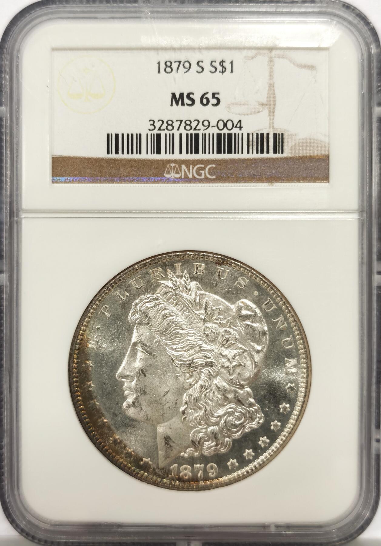 博洋堂世界钱币拍卖第143期（全场包邮） NGC MS65 美国1879 S摩根 人像面月牙形五彩包浆 铸打精美