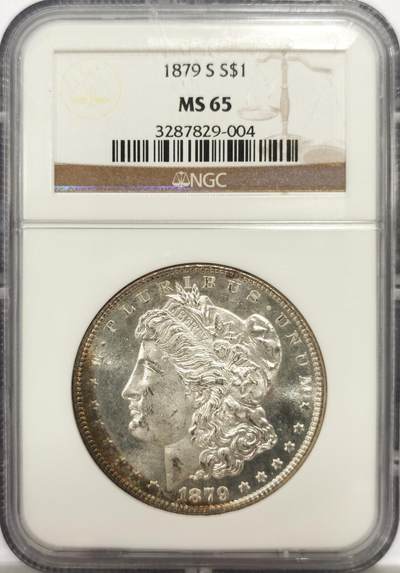 博洋堂世界钱币拍卖第143期（全场包邮） - NGC MS65 美国1879 S摩根 人像面月牙形五彩包浆 铸打精美