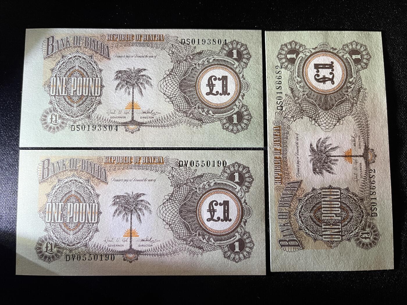 咖啡豆•收藏 2025年Oct_23th世界各国纸币拍卖 3枚 比夫拉 1968年 1镑 全新UNC 外国纸币