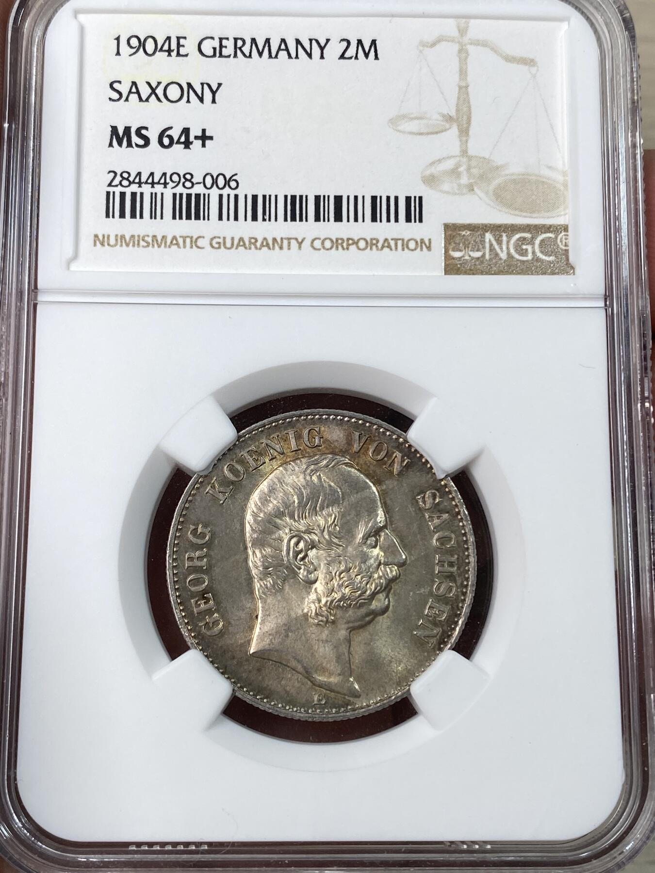 万国钱币拍卖第053期【万国秋季大拍上●周五周六两场连拍】 NGC MS64+ 1904年德国萨克森乔治国王长翅流通2马克 流通版好品难得 顶级原味五彩