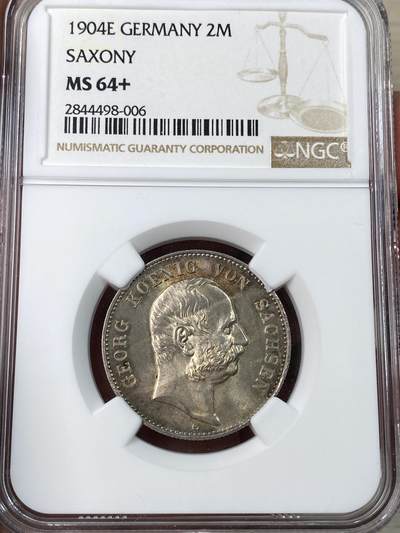 万国钱币拍卖第053期【万国秋季大拍上●周五周六两场连拍】 - NGC MS64+ 1904年德国萨克森乔治国王长翅流通2马克 流通版好品难得 顶级原味五彩