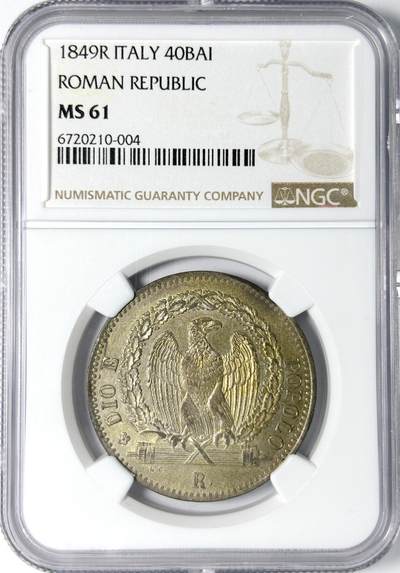 【雨安】【世界币章109期】2025-10-18 周六 19:30 保真 8秒倒数自动落锤 高效拍卖 - [评级欧洲] Italy 意大利 Roman Republic罗马共和 40Bai 1849年 NGC-MS61