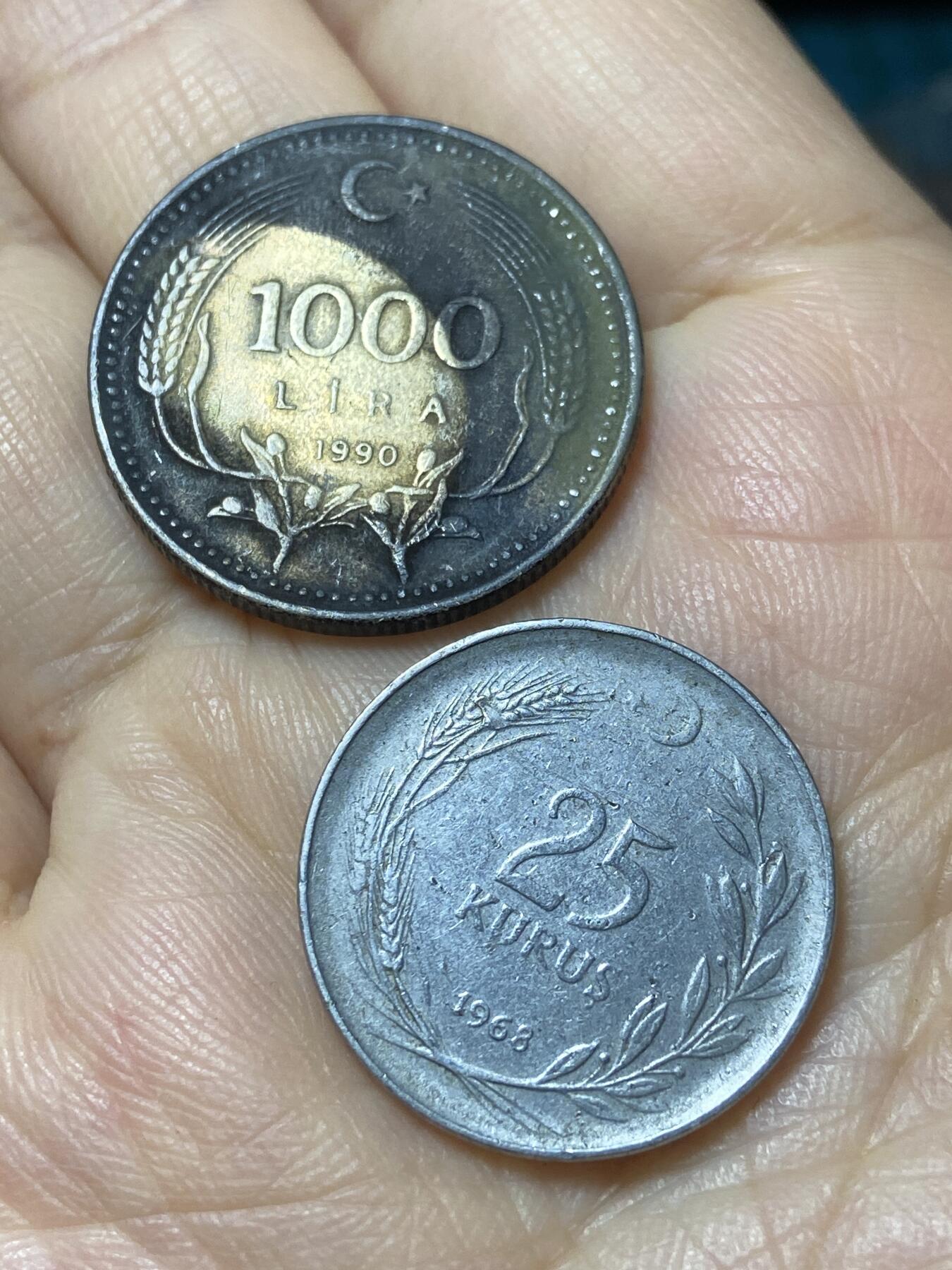 2025年第一百一十一场(总第一百三十七场）外国好品散币(免佣金) 土耳其🇹🇷2枚：1990年1000里拉，1968年25库鲁