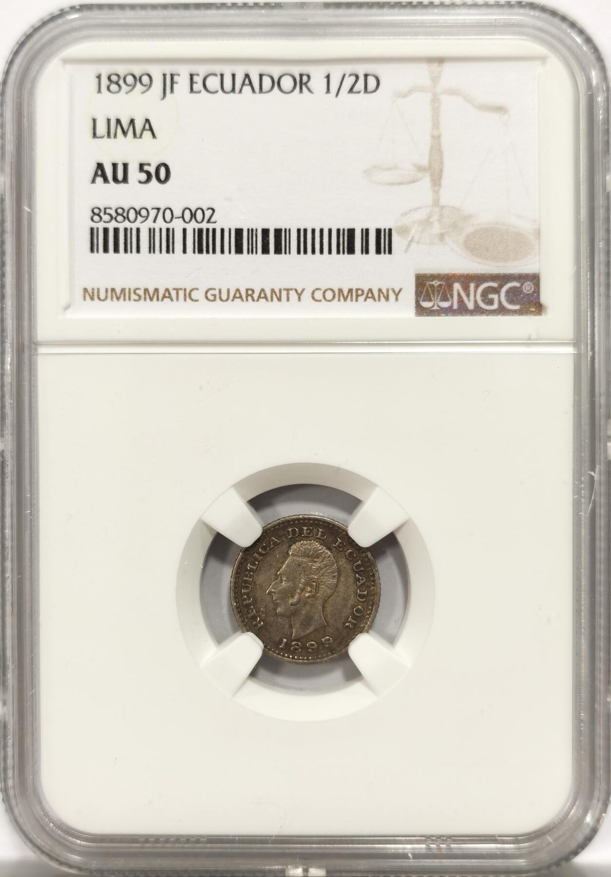 博洋堂世界钱币拍卖第143期（全场包邮） NGC AU50 厄瓜多尔1899年1/2Decimo 罕见小面值银币