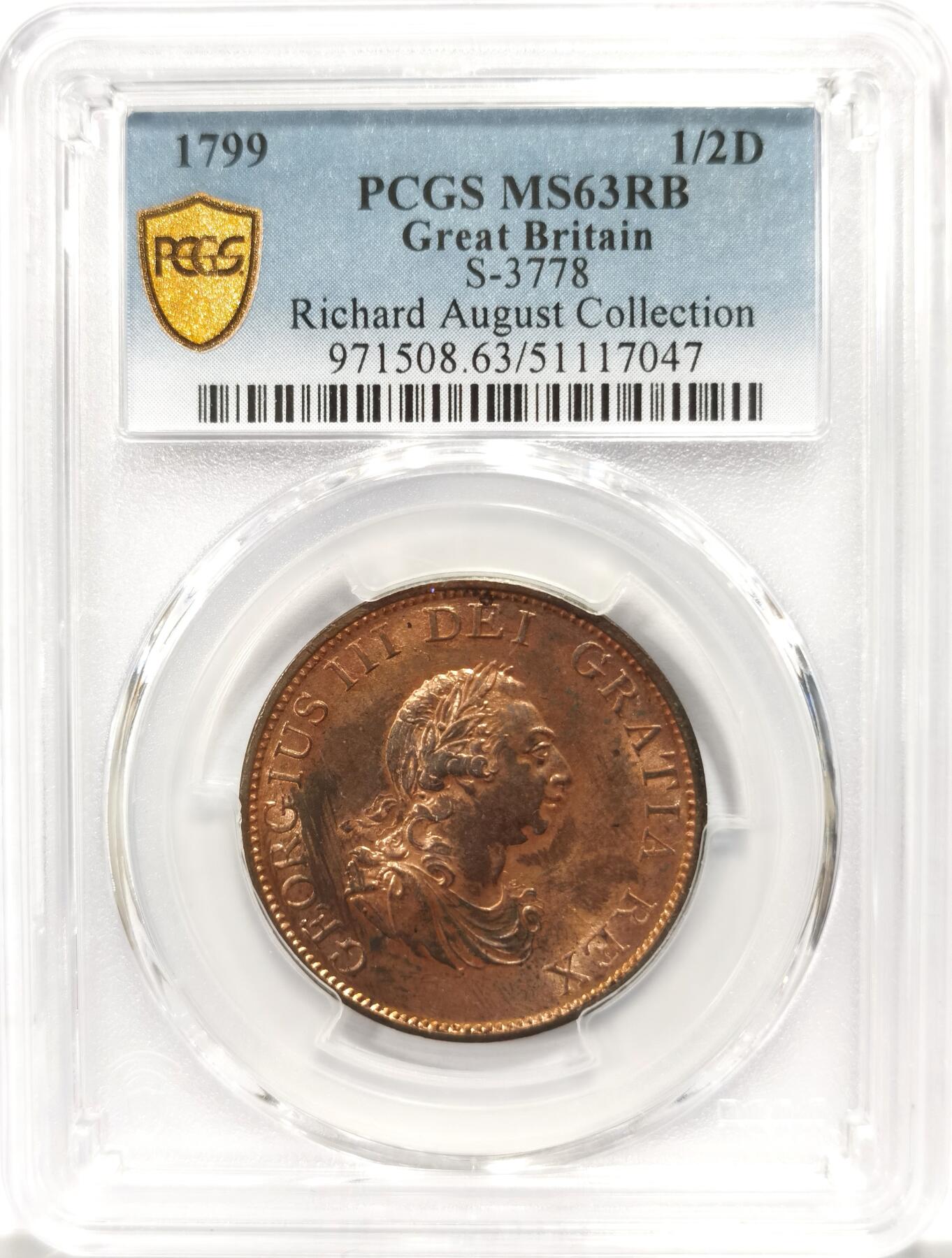 博洋堂世界钱币拍卖第143期（全场包邮） PCGS MS63RB 英国1799年乔治三世1/2便士，名家旧藏，RB极其罕见，原始红铜光保留极佳，仅有2枚更高分