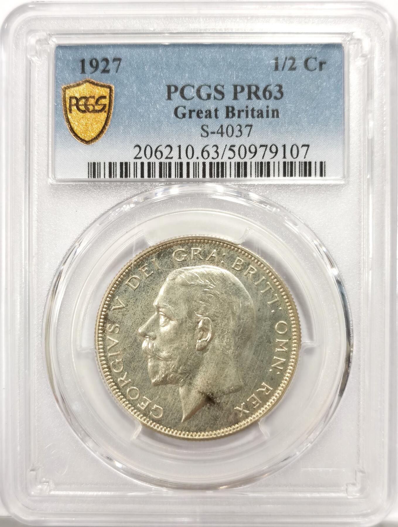博洋堂世界钱币拍卖第143期（全场包邮） PCGS PR63 英国1927年乔治五世1/2克朗精制银币
