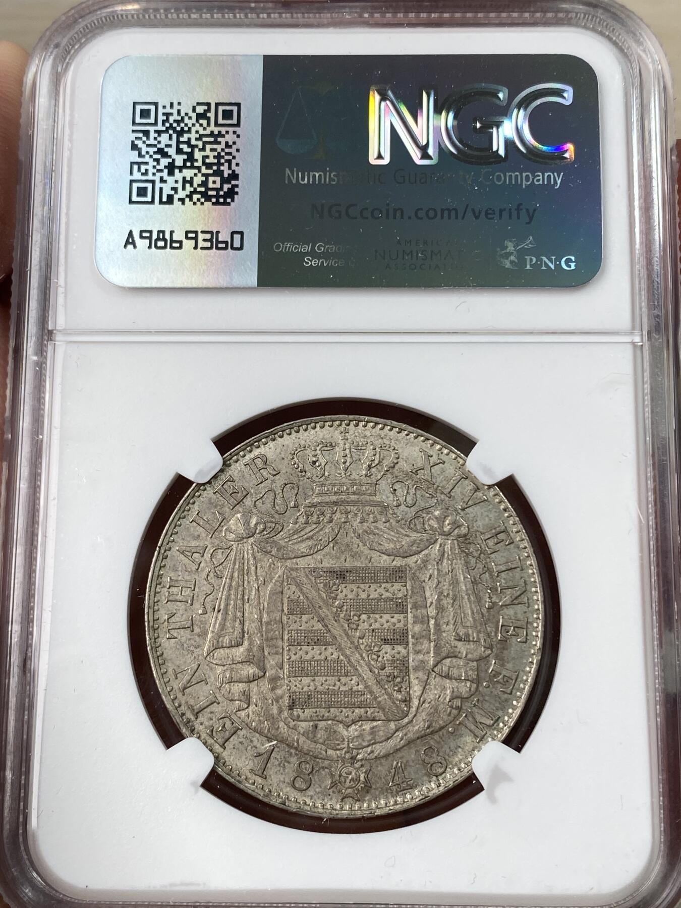 万国钱币拍卖第053期【万国秋季大拍下●周五周六两场连拍】 NGC UNCD 1848年德国萨克森奥古斯特五世大窗帘流通1泰勒 早期大规格协议泰勒 欧洲革命恐慌年 原味月牙包浆 