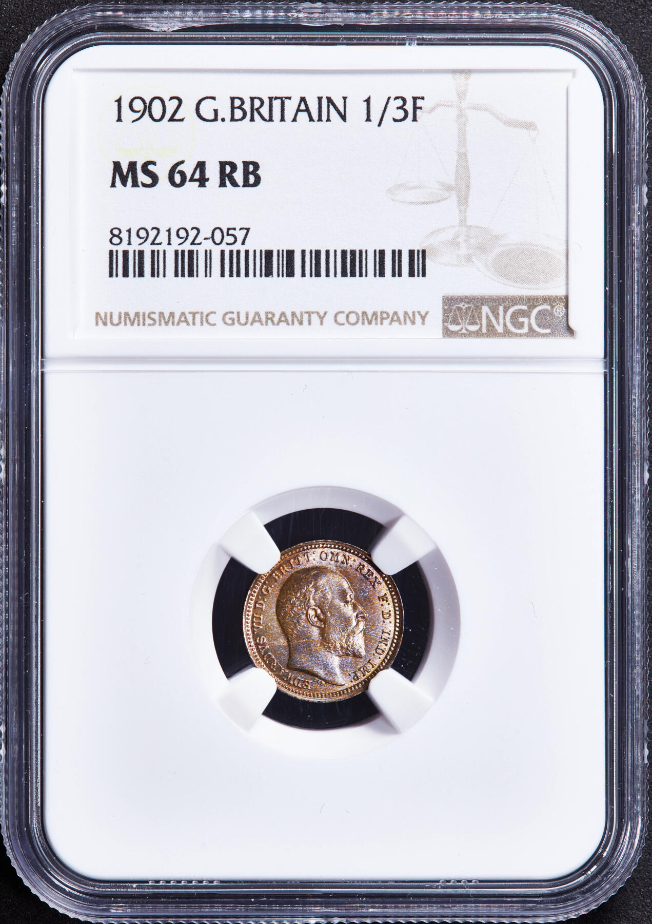【俄甄集藏】2025年(044)11-12星期三晚 19:30 全场包邮 英国1902年爱德华七世1/3法新铜币，NGC MS64RB，原铜光，转光品相