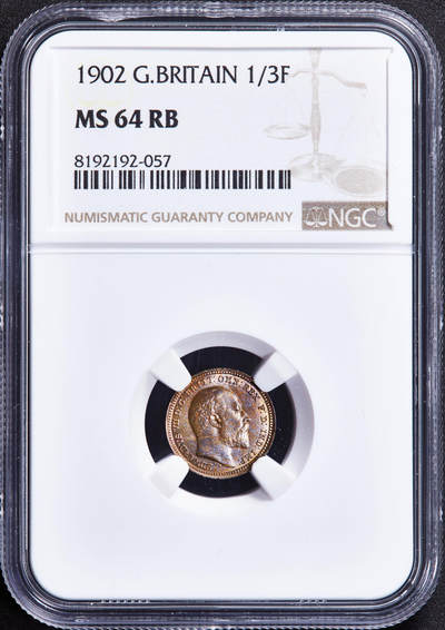 【俄甄集藏】2025年(044)11-12星期三晚 19:30 全场包邮 - 英国1902年爱德华七世1/3法新铜币，NGC MS64RB，原铜光，转光品相