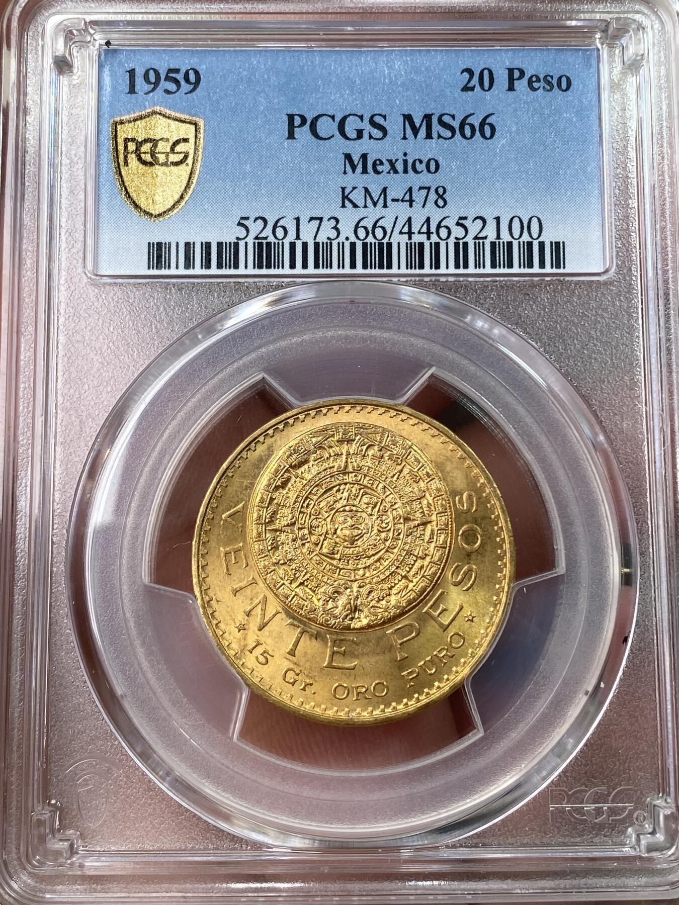 万国钱币拍卖第053期【万国秋季大拍上●周五周六两场连拍】 PCGS MS66 1959年墨西哥20比索金币 经典玛雅元素 黄金转光GEM品质  27.25mm 900金 16.66克