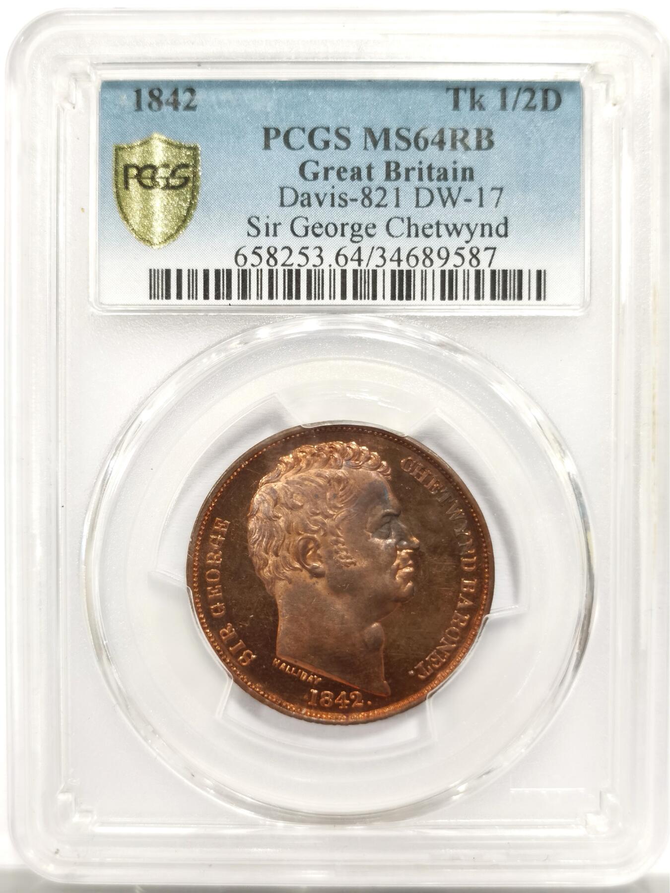 博洋堂世界钱币拍卖第143期（全场包邮） PCGS MS64RB 英国1842年乔治切特温特爵士1/2便士token铜币 PCGS冠军分，封面广告币，双面类精制镜面，镜面刺眼，2019/6/30 ￥1236.67 Heritage Auctions