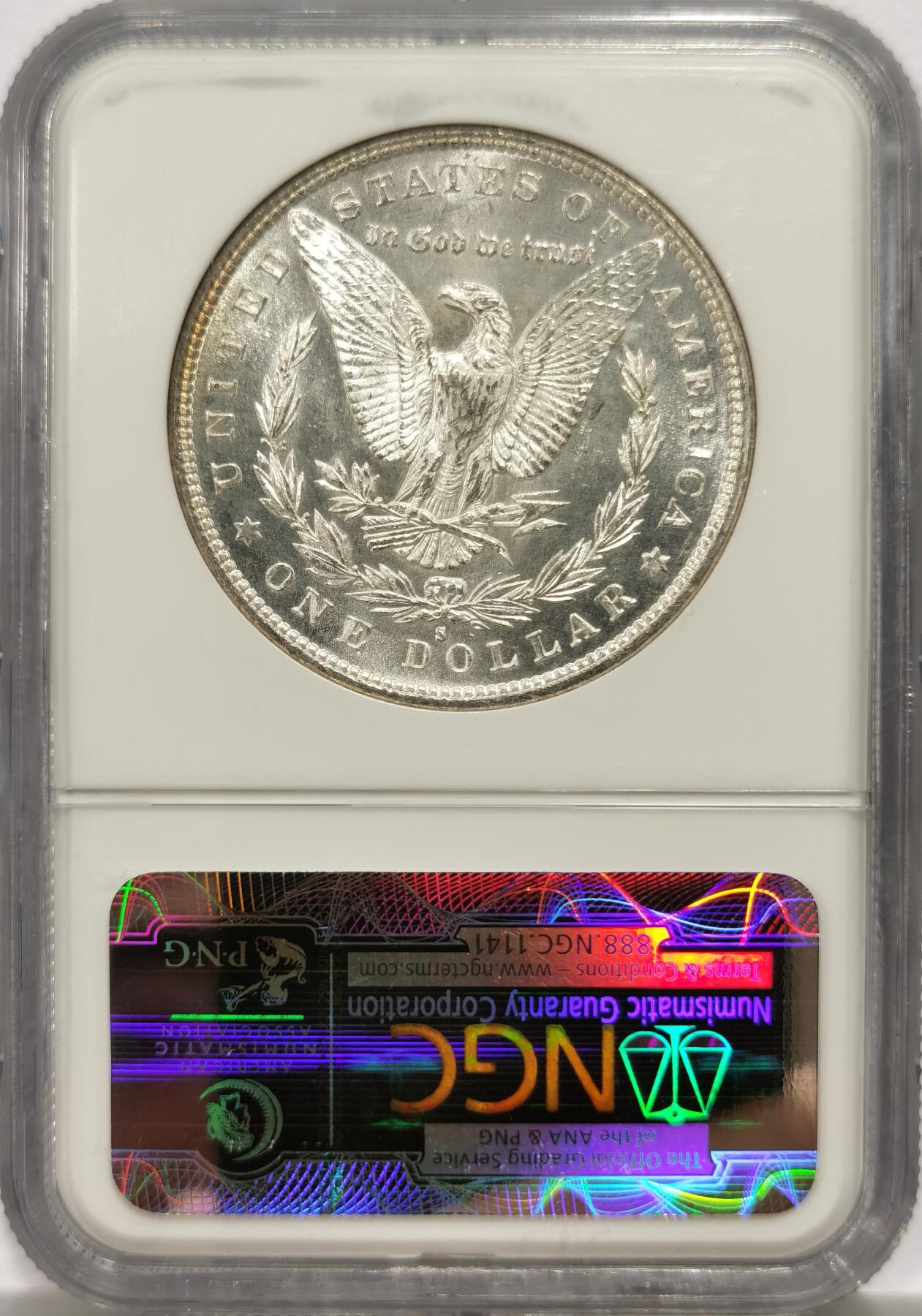 博洋堂世界钱币拍卖第143期（全场包邮） NGC MS65 美国1879 S摩根 人像面月牙形五彩包浆 铸打精美