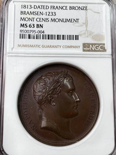 万国钱币拍卖第053期【万国秋季大拍下●周五周六两场连拍】 - NGC MS63 1813年法国拿破仑一世纪念塞尼斯山纪念碑大铜章 原味原铸红铜光收藏品质