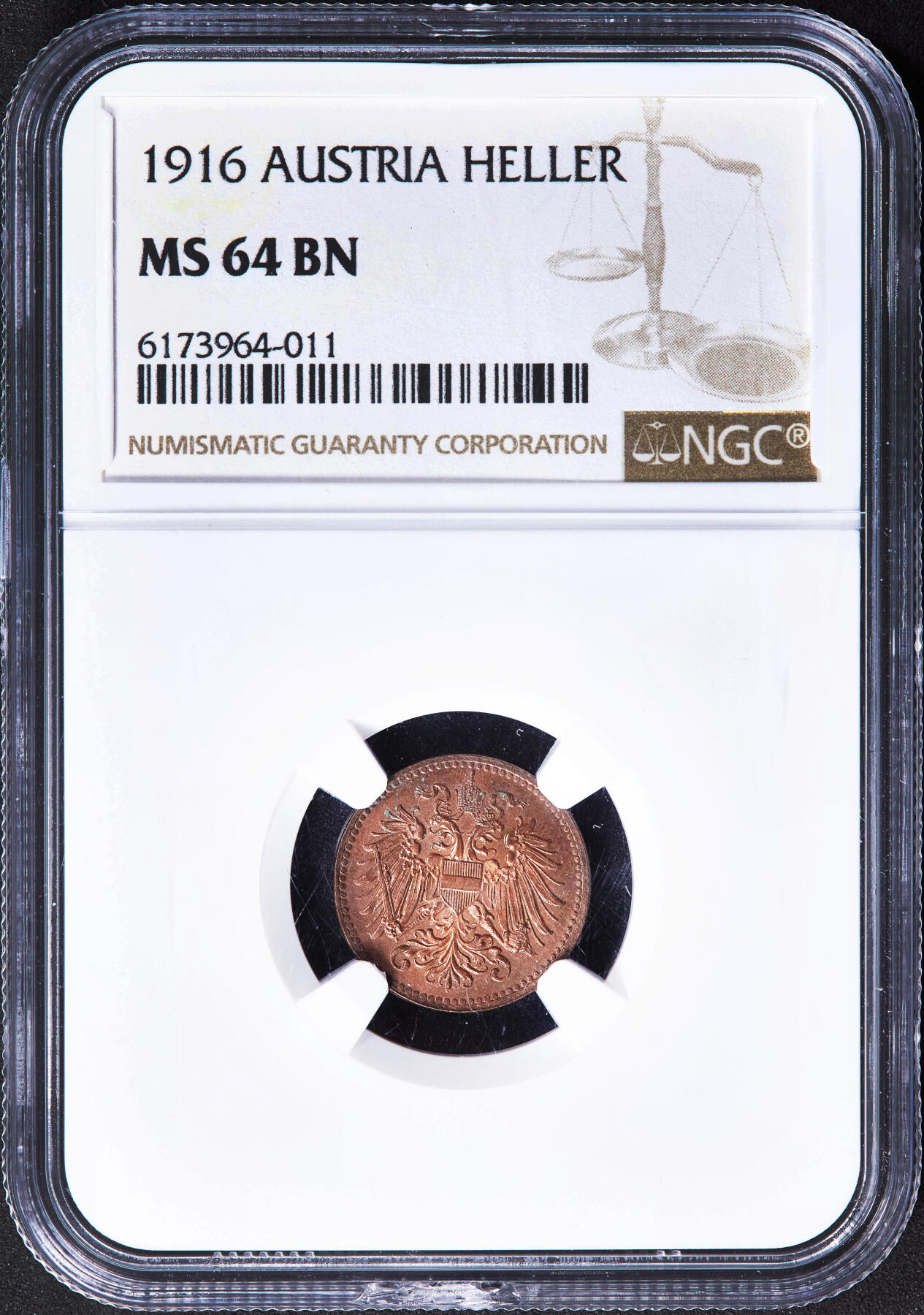 【俄甄集藏】2025年(044)11-12星期三晚 19:30 全场包邮 奥匈帝国-奥地利1916年1赫勒铜币，NGC MS64，转光品相，盒子底部有小磕，见详图