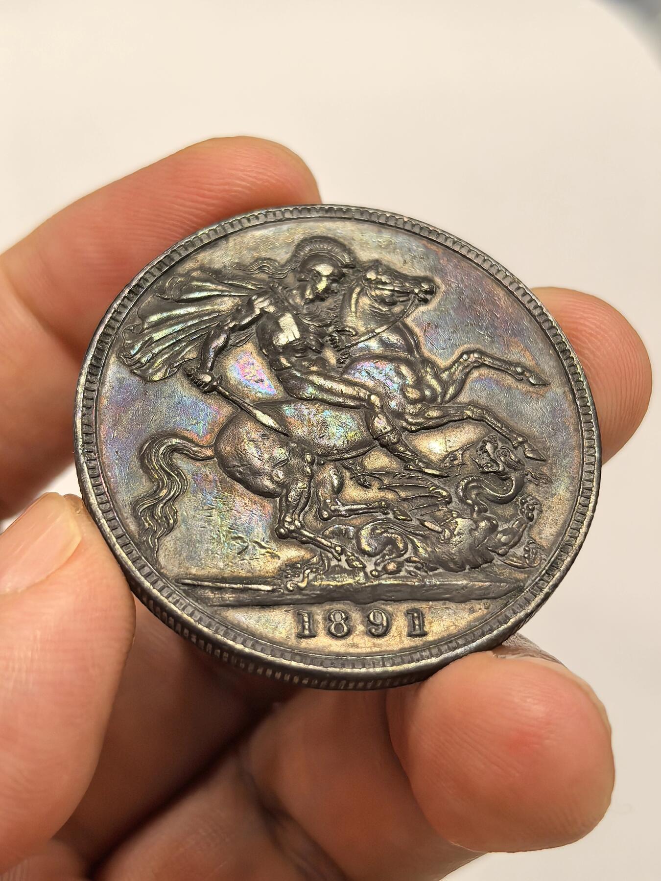 博洋堂世界钱币拍卖第143期（全场包邮） 英国1891年维多利亚高冠马剑克朗银币 少见年份，发行量仅56.6万枚，好品，双面黑漆骨，可送评级