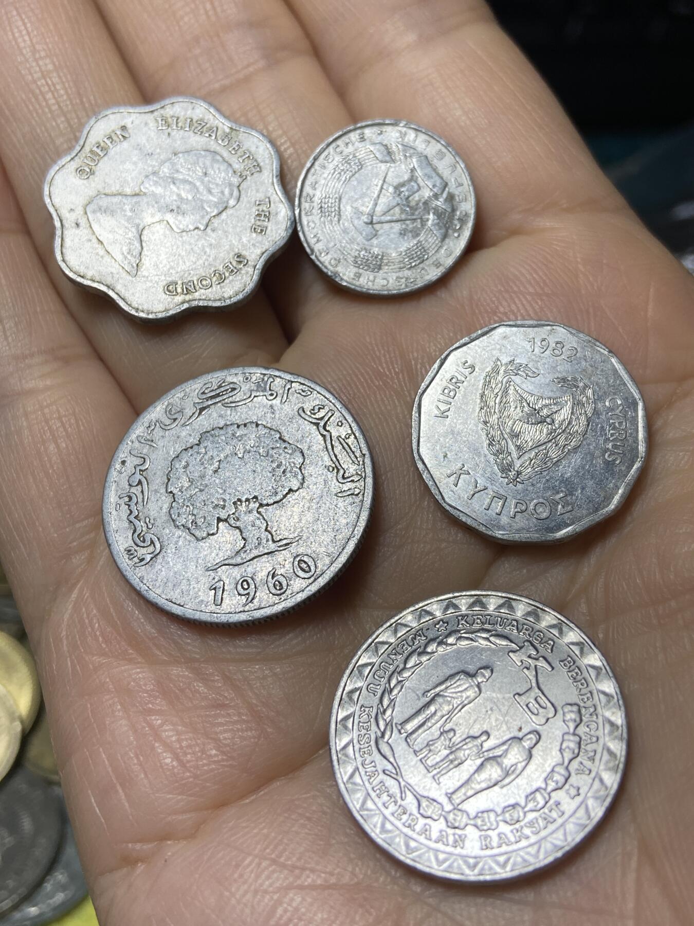 2025年第一百一十一场(总第一百三十七场）外国好品散币(免佣金) 铝制散币5枚：东加勒比1981年5分，德国🇩🇪1960年1芬尼，塞浦路斯🇨🇾1982年5，印度尼西亚🇮🇩1979年5卢比，突尼斯🇹🇳1960年5