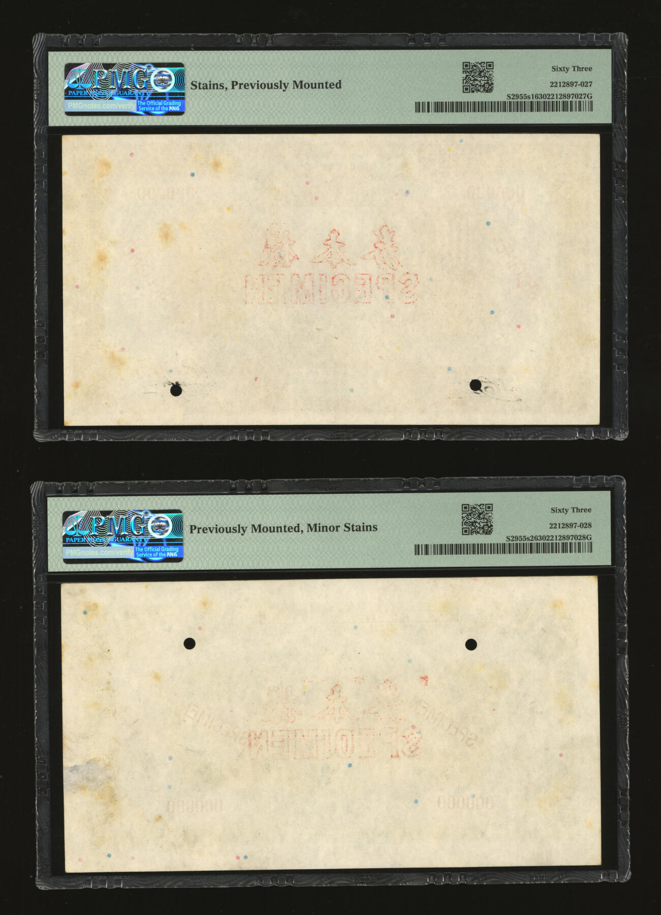 泓盛2025年秋季拍卖会 纸币 民国十三年（1924年）东三省官银号汇兑券壹百圆样本券，双张式国内版，有签名，罕见，正背共2枚，纸张白净硬挺，满版雕刻版纹理，凹凸明显，色彩明艳纯正，全新（唯一冠军分，PMG-63/2212897-027、028）