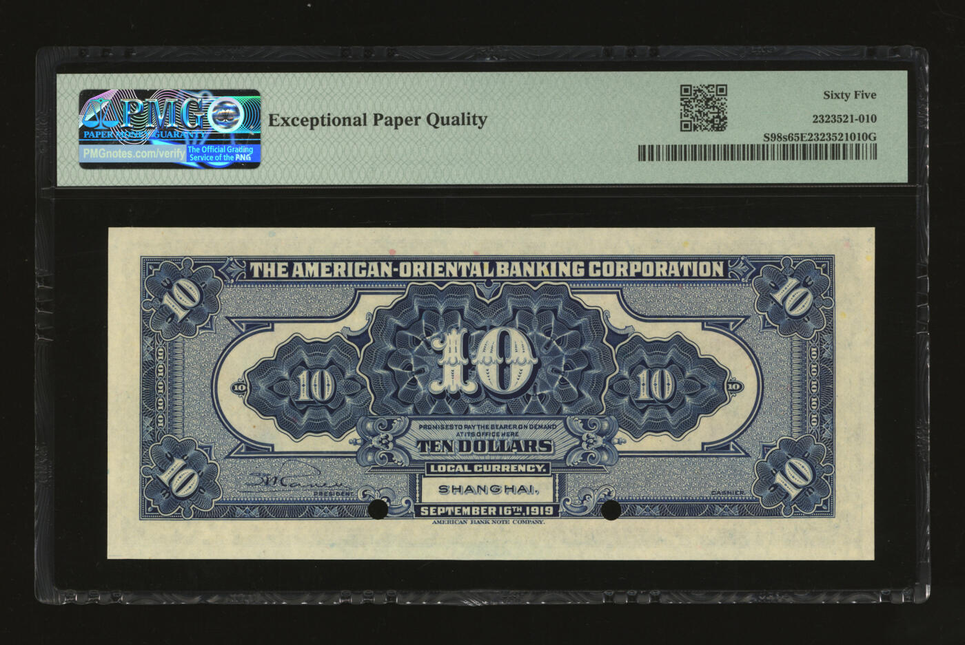 泓盛2025年秋季拍卖会 纸币 1919年上海美丰银行拾圆样本券，上海地名，少见，纸张白净硬挺，纹理清晰，凹凸明显，色彩浓郁纯正，全新（仅10枚之亚军分、更高分仅5枚，PMG-65EPQ/2323521-010）