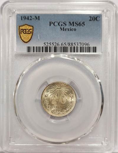 博洋堂世界钱币拍卖第143期（全场包邮） - PCGS MS65 墨西哥1942年鹰洋20分银币