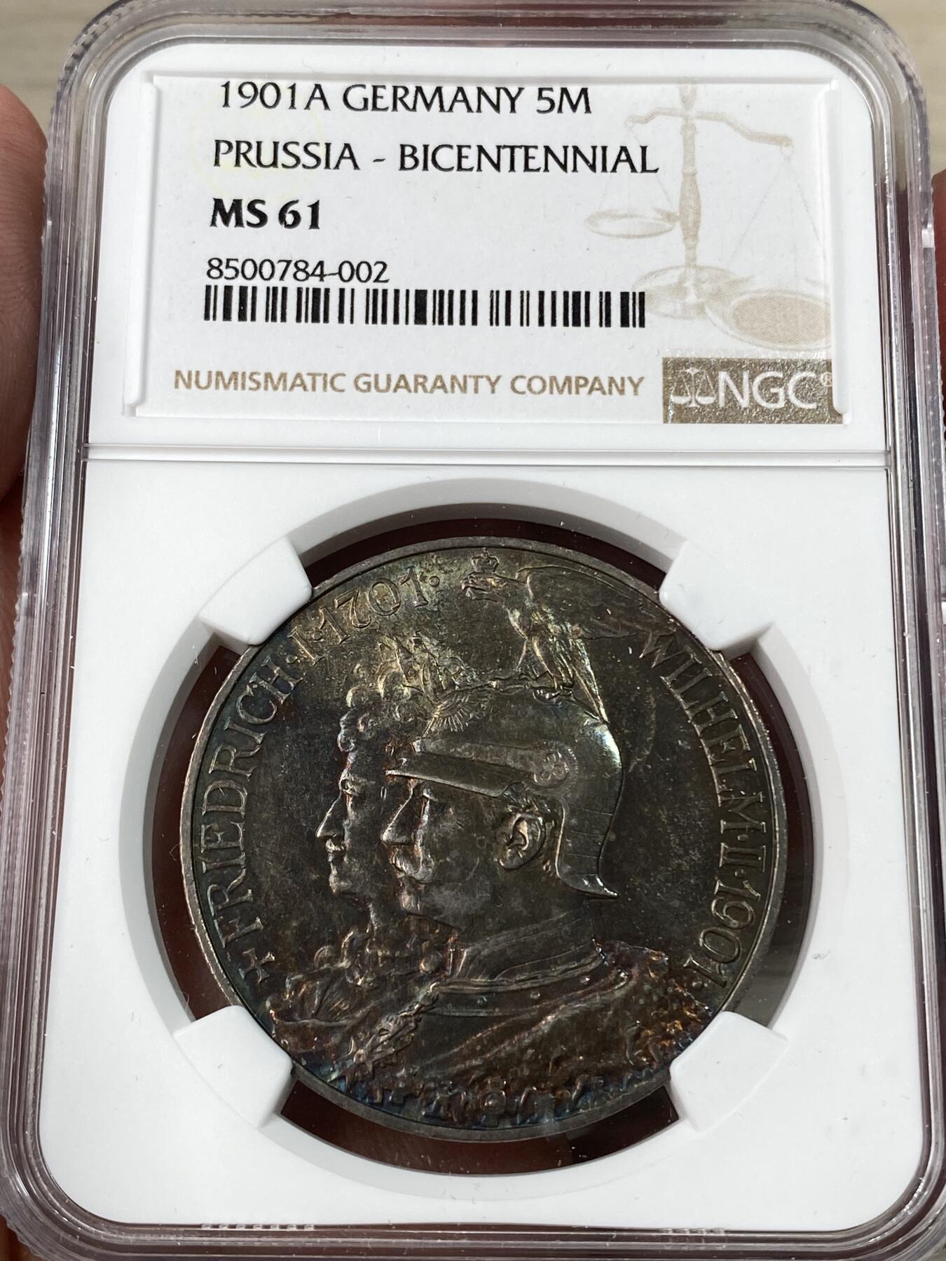 万国钱币拍卖第053期【万国秋季大拍下●周五周六两场连拍】 NGC MS61 1901年德国普鲁士建国200周年纪念长翅5马克 普鲁士经典品种 焕蓝七彩包浆