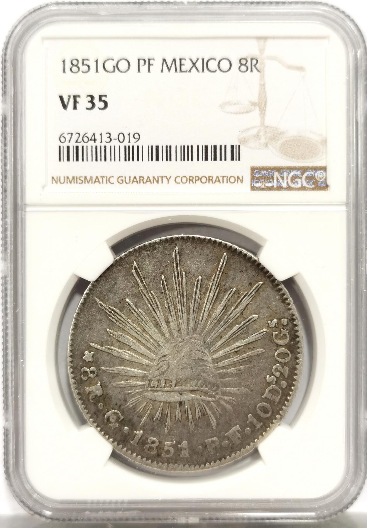 博洋堂世界钱币拍卖第143期（全场包邮） NGC VF35 墨西哥1851年GO PF版鹰洋8R，瓜纳华托造币厂早期