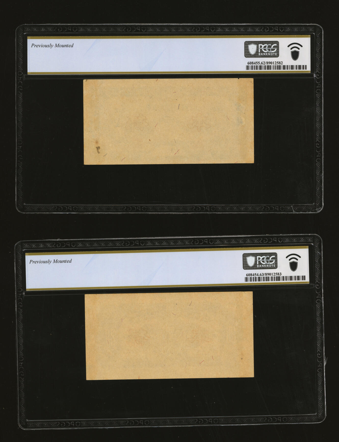 泓盛2025年秋季拍卖会 纸币 民国三十二年（1943年）中央储备银行贰角样本，正背共2枚，纸张硬挺，纹理清晰，色彩浓郁醇厚，原汁原味，九八成新（唯一季军分、更高分仅2对，PCGS-62、63/89012582、83）