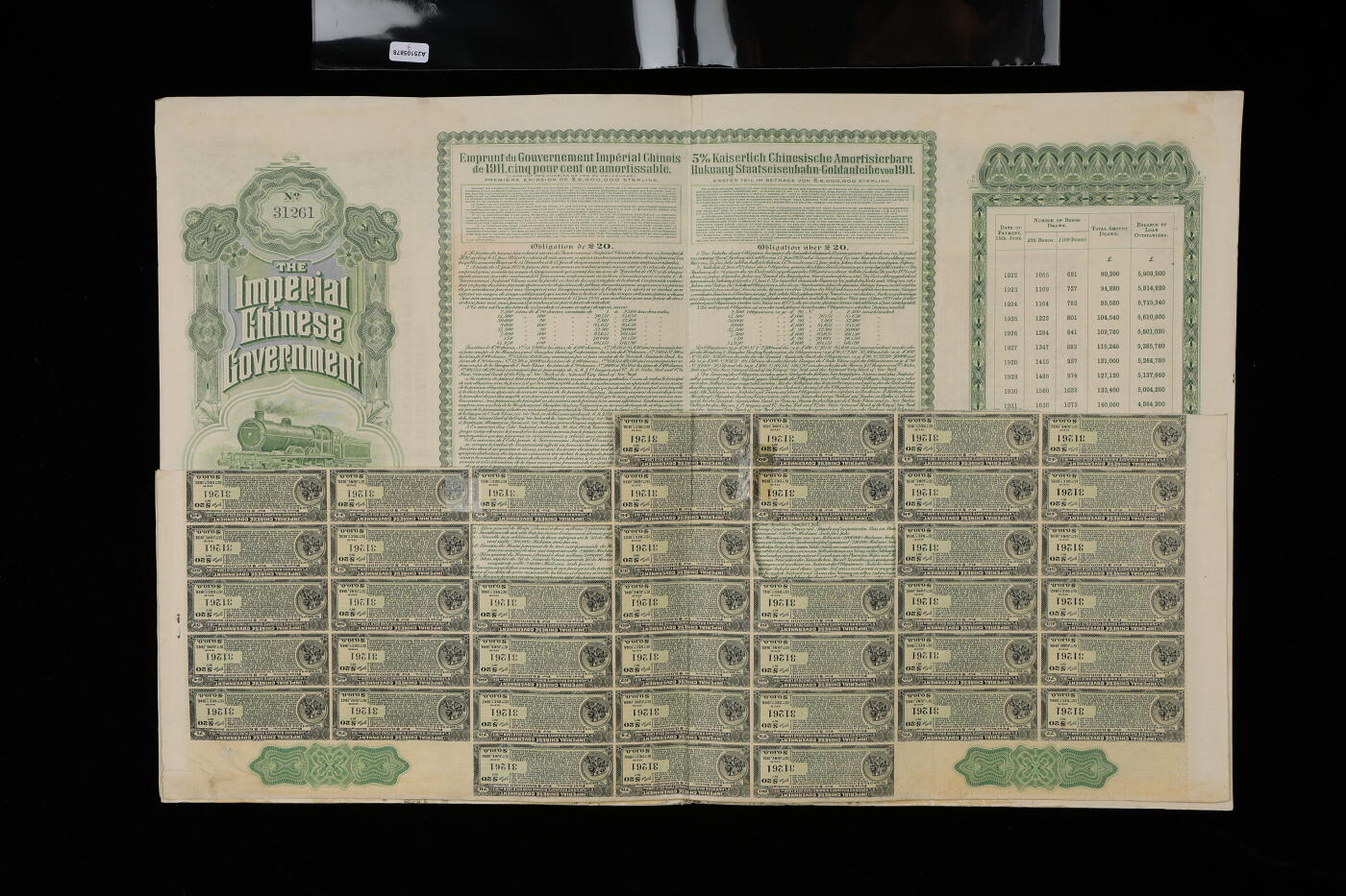 泓盛2025年秋季拍卖会 纸币 1911年大清帝国政府对外发行湖广铁路债券20英镑共3枚，东方汇理银行（BANQUE L'LNDO-CHINE IN PARIS）代理发行，邮传部尚书“盛宣怀”签署并1913年中华民国继承债务后，由驻法代表林桐实签押；品相上佳，八五成新