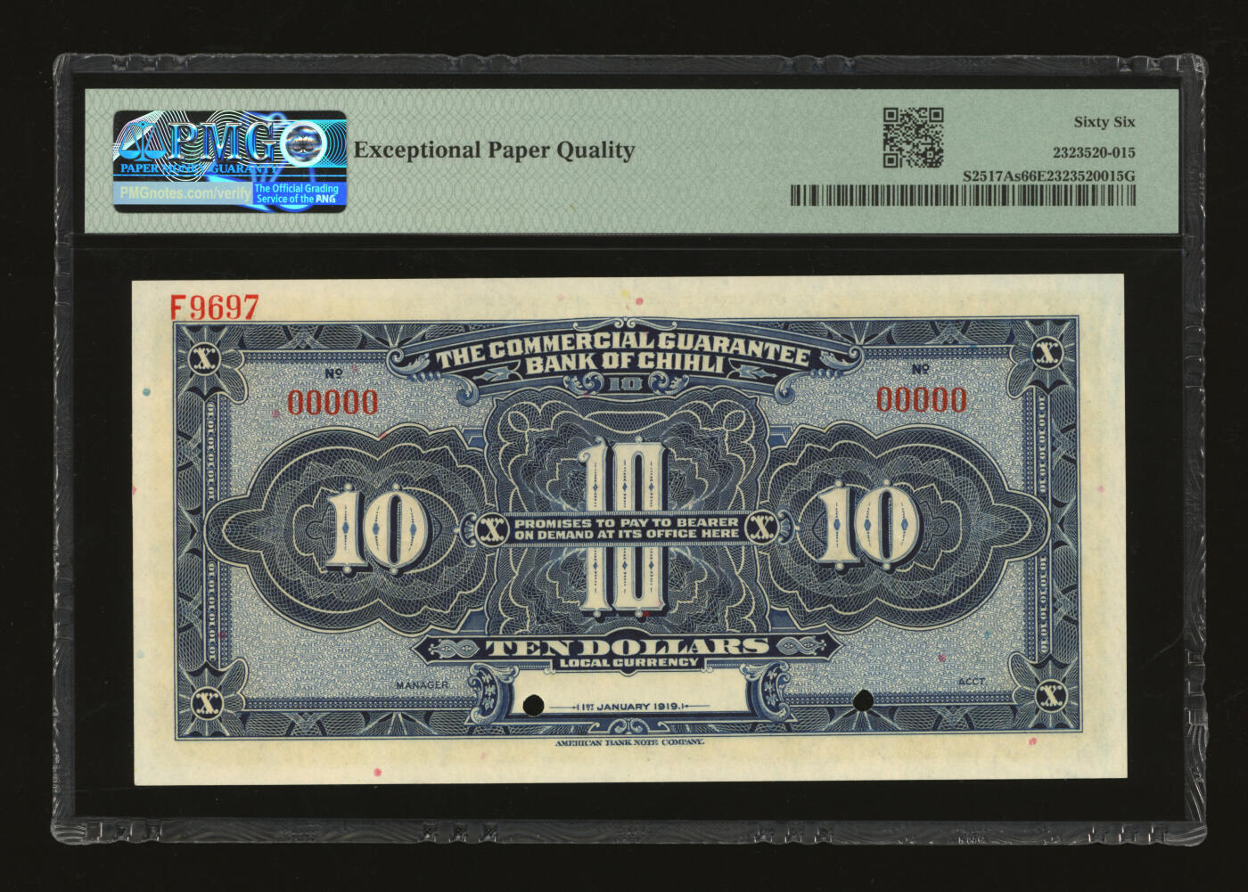 泓盛2025年秋季拍卖会 纸币 1919年北洋保商银行蓝色拾圆样本券，版号“9697”，纸张白净硬挺，纹理清晰，色彩浓艳自然，全新（评级公司不区分版号，仅6枚之冠军分，PMG-66EPQ/2323520-015）