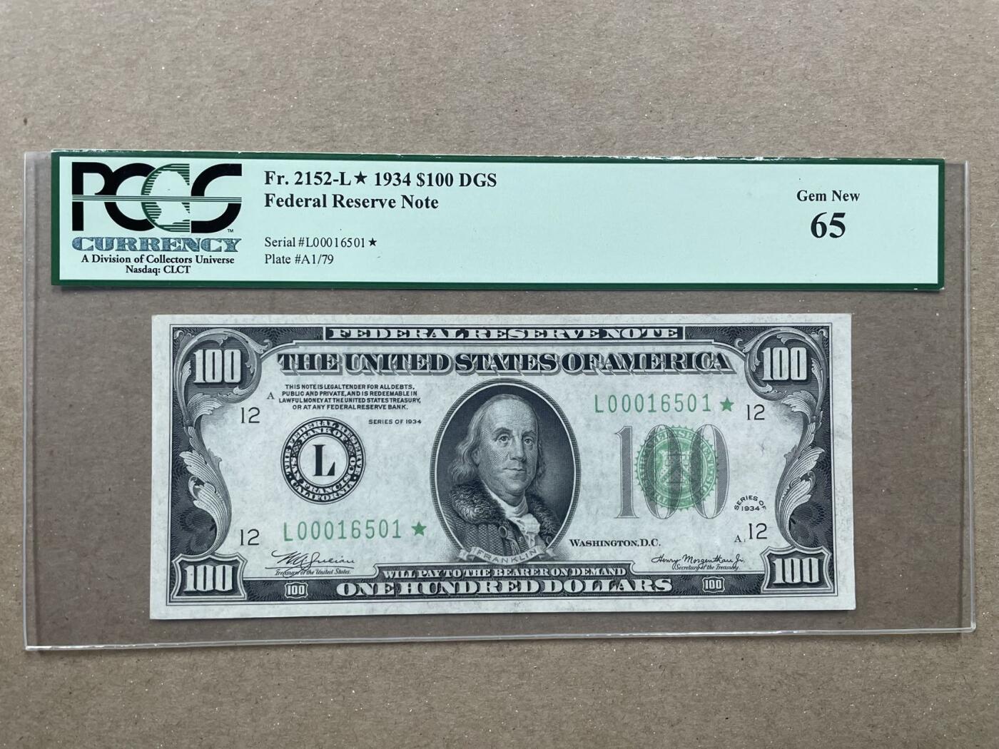 美国1934年100元补号 大面值实心补 PCGS65 L00016501*