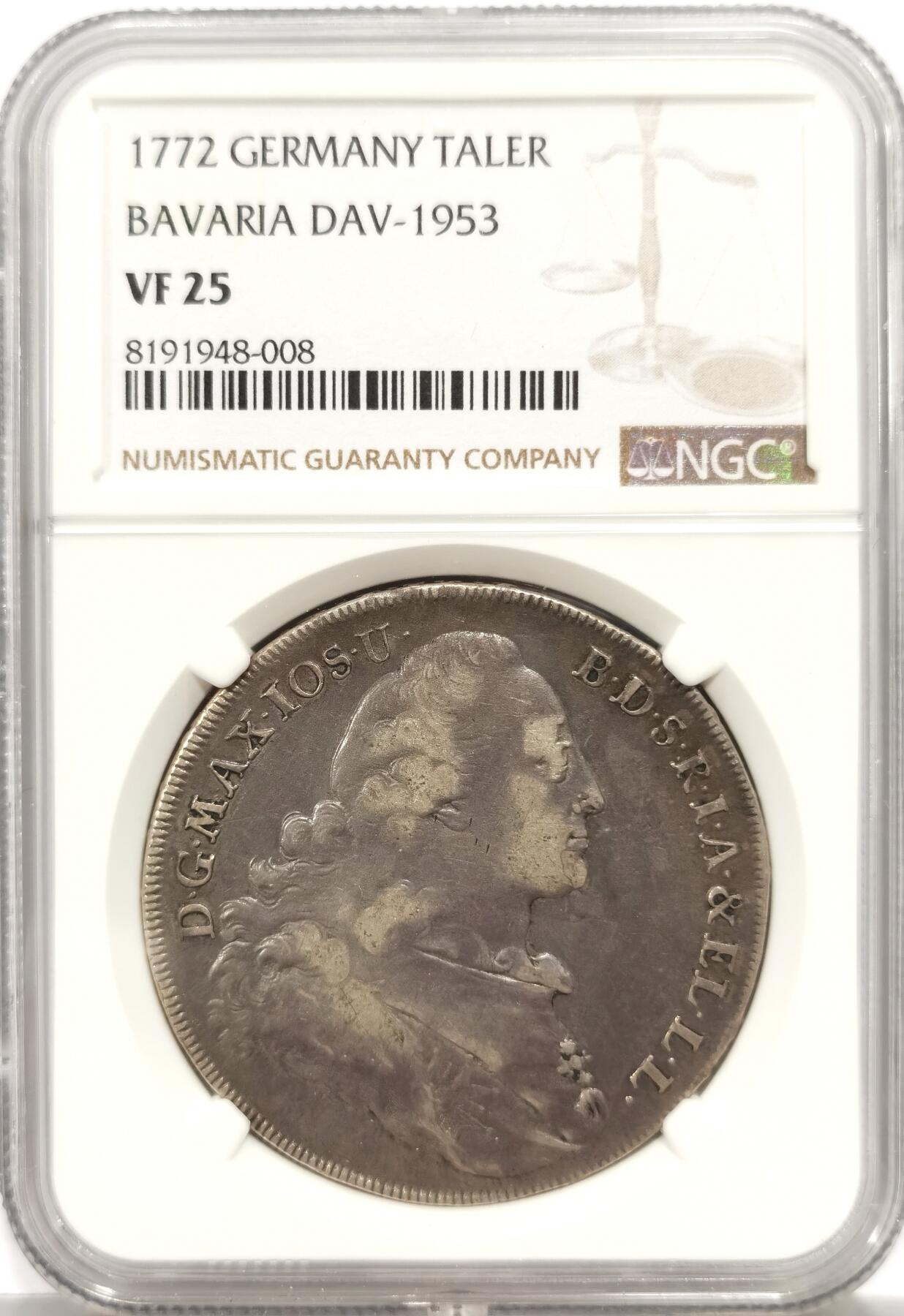 博洋堂世界钱币拍卖第143期（全场包邮） NGC VF25 德国巴伐利亚1772年圣母抱婴泰勒大银币