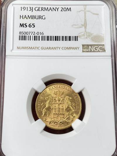 万国钱币拍卖第053期【万国秋季大拍下●周五周六两场连拍】 - NGC MS65 1913年德国汉堡双狮护盾长翅流通20马克金币 经典自由市名品 超炫丝绸光 底板也无可挑剔 BU典藏级 7.96g 900金