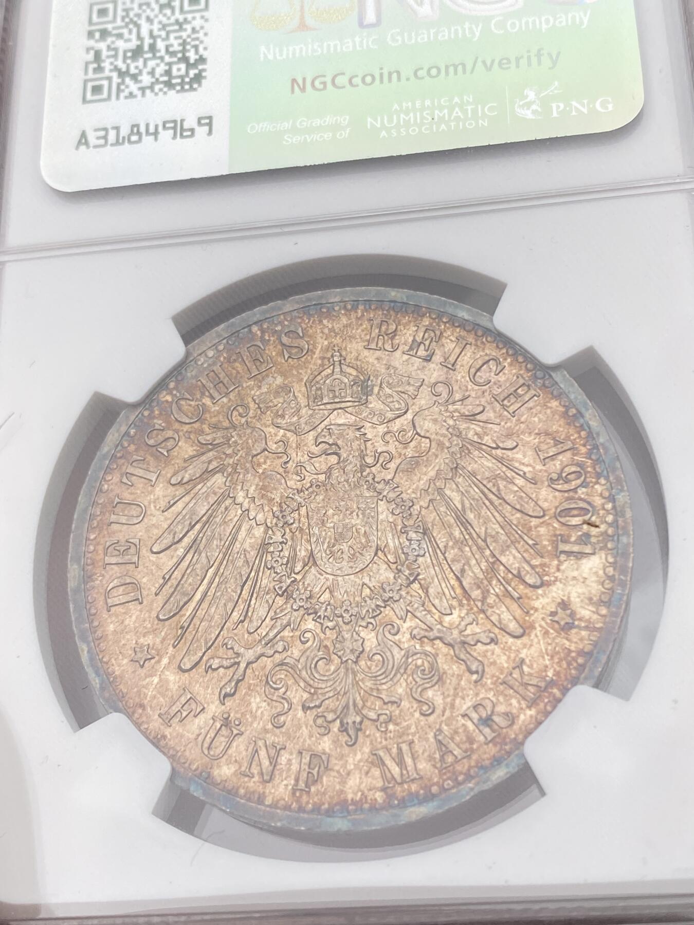 万国钱币拍卖第053期【万国秋季大拍下●周五周六两场连拍】 NGC MS61 1901年德国普鲁士建国200周年纪念长翅5马克 普鲁士经典品种 焕蓝七彩包浆