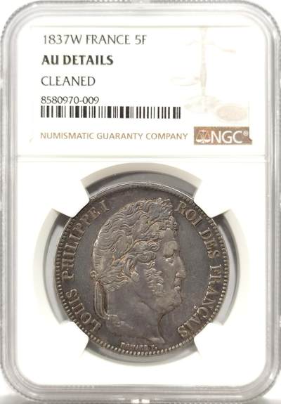 博洋堂世界钱币拍卖第143期（全场包邮） - NGC AUD 法国1837年菲利普5法郎大银币 深邃欧陆包浆 无刷洗痕 严评可惜