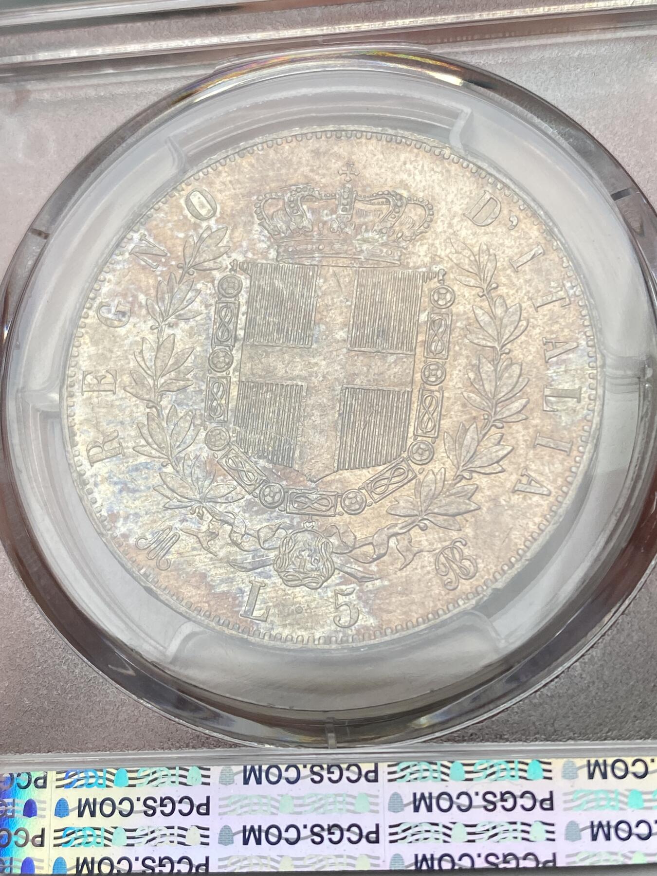 万国钱币拍卖第053期【万国秋季大拍下●周五周六两场连拍】 PCGS MS64 1871意大利王国伊曼纽尔三世5里拉大银 原味欧陆香槟色渐变五彩 顶级收藏品质 PC冠军分