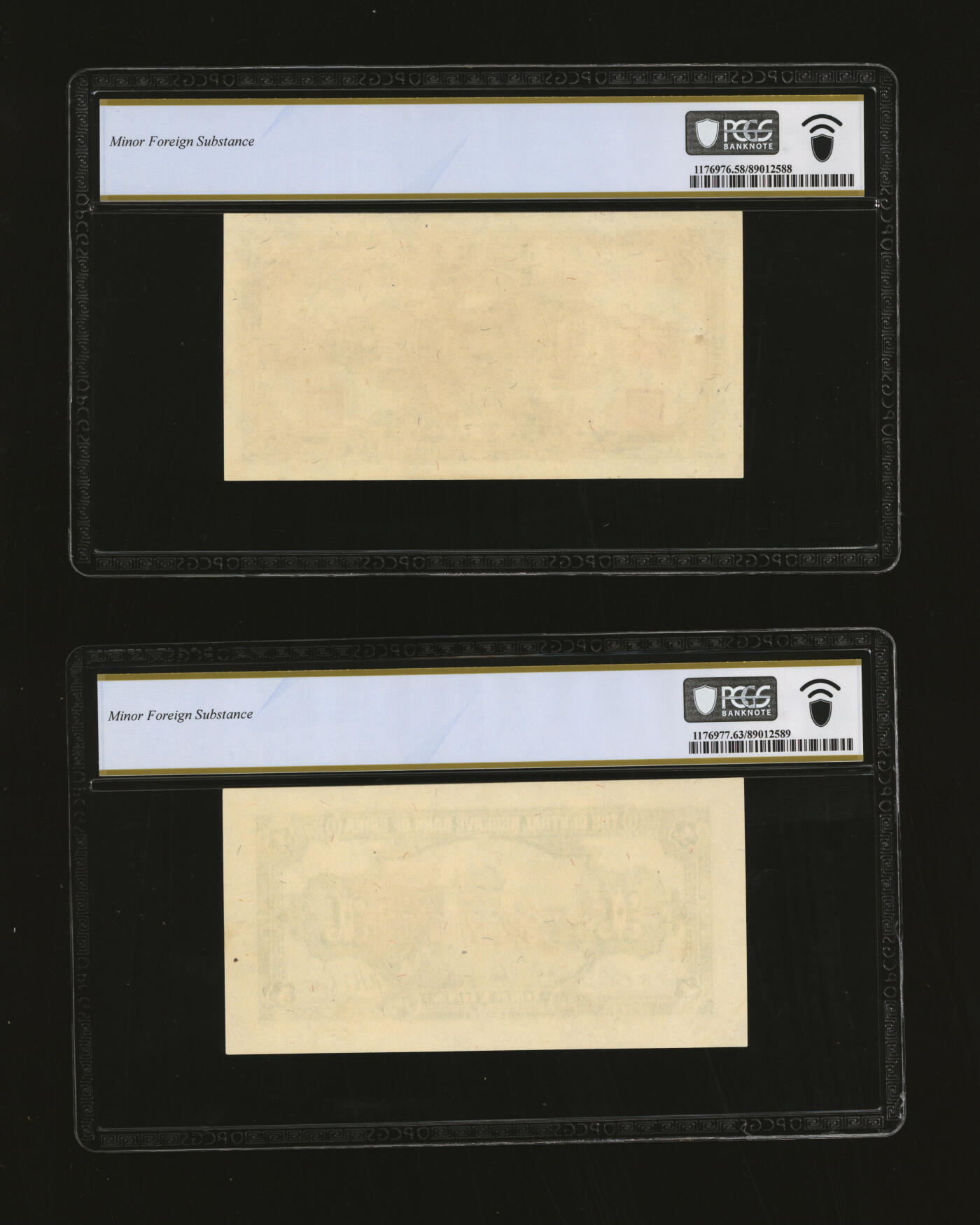 泓盛2025年秋季拍卖会 纸币 民国三十二年（1943年）中央储备银行壹圆样本，正背共2枚，纸张硬挺白净，纹理清晰，色彩浓郁醇厚，全新（低评，唯一冠军分，PCGS-58、63/89012588、89）