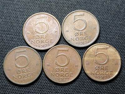 KK钱币收藏小铺 第355场 2月预留时间 周末发货 - 挪威5欧尔铜币一组5枚 