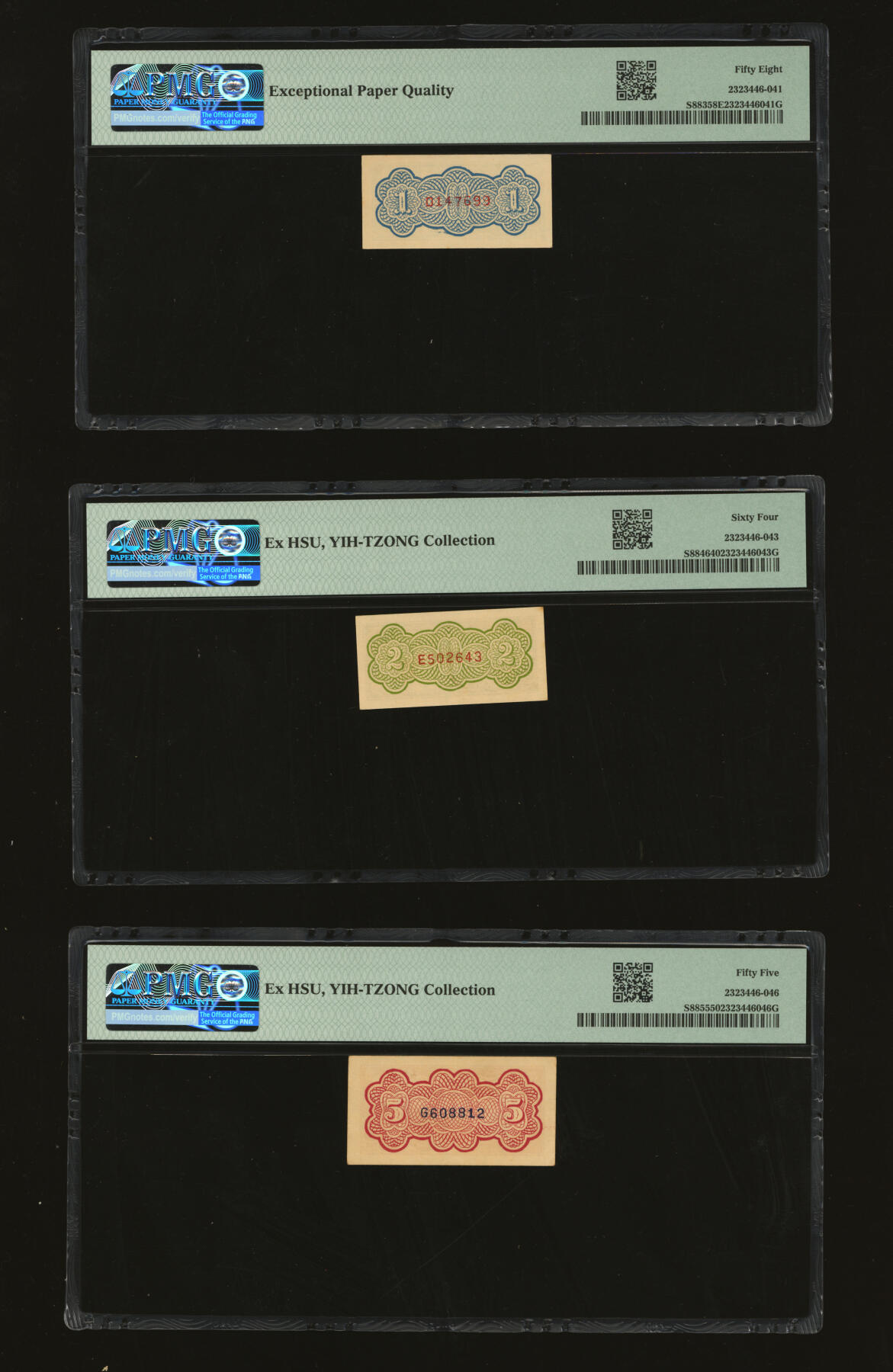 泓盛2025年秋季拍卖会 纸币 浙江地方银行横式壹分、贰分、伍分共3枚，该套券乃中国票幅最小的纸币，纸张硬挺白净，纹理清晰，色彩浓郁醇厚，原汁原味，九五至全新（PMG-58EPQ、64、55/2323446-041、043、046）
