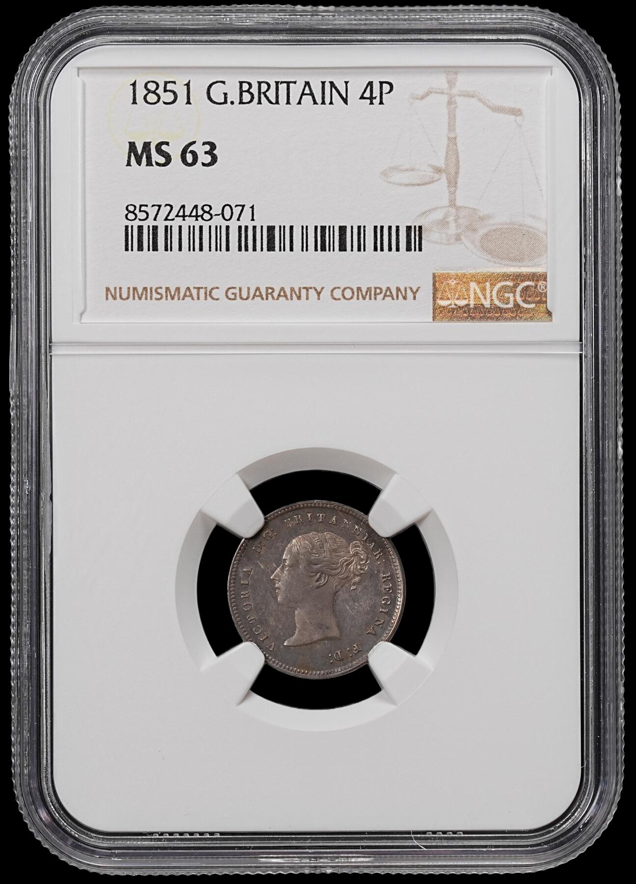 修遠堂世界钱币第八十九期 NGC MS63 1851年英国4便士银币