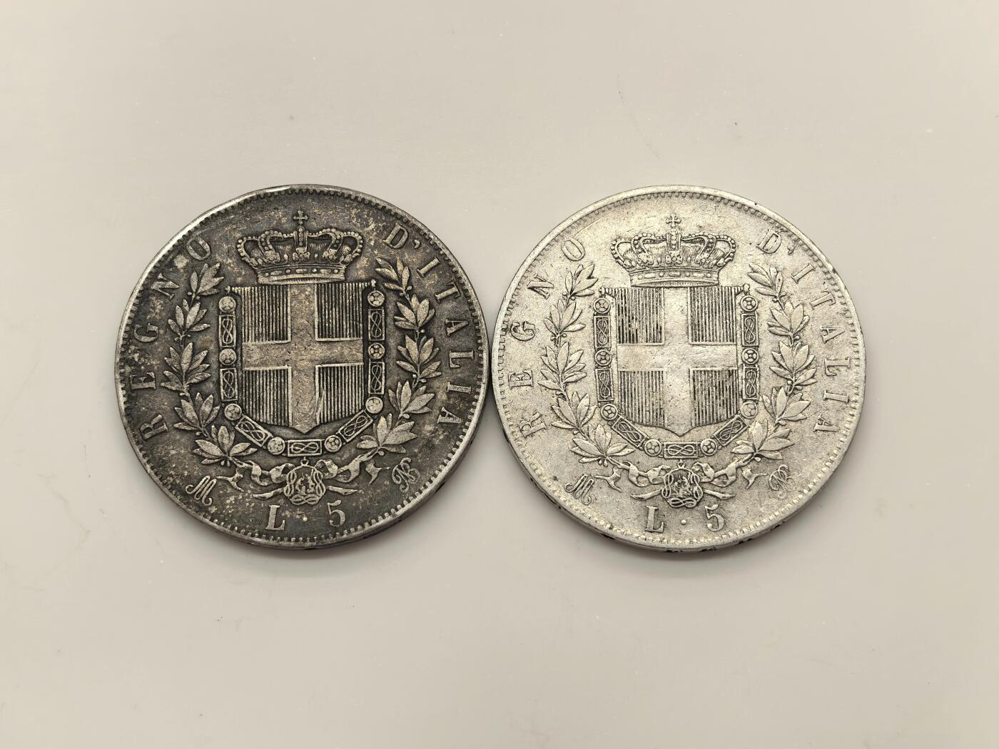 博洋堂世界钱币拍卖第143期（全场包邮） 意大利1873、1874年马努埃莱二世5里拉大银币2枚