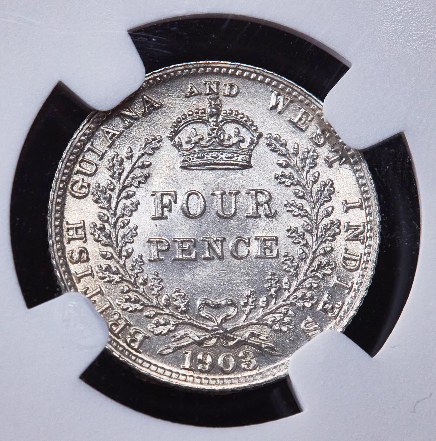 【俄甄集藏】2025年(044)11-12星期三晚 19:30 全场包邮 英属圭亚那1903年爱德华七世4便士银币，NGC MS64，深打转光，经典品种