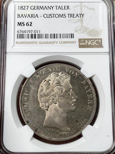 万国钱币拍卖第053期（万国秋季大拍●下） - NGC MS62 1827年德国巴伐利亚路德维希一世海关条约历史大泰勒 原味香槟色包浆 全深打类镜面质感
