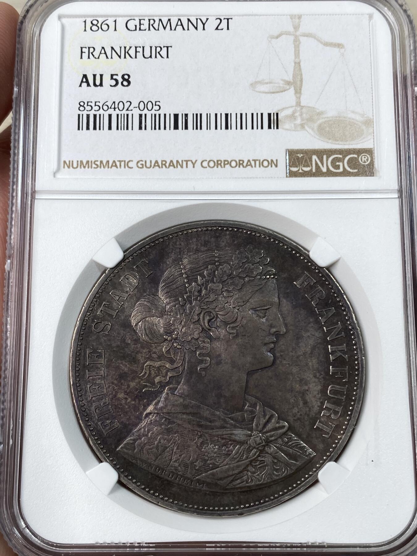 万国钱币拍卖第053期【万国秋季大拍上●周五周六两场连拍】 NGC AU58 1861年德国法兰克福少女流通2泰勒 经典法兰城少女2T 欧陆深五彩