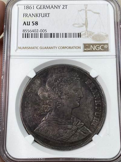 万国钱币拍卖第053期【万国秋季大拍上●周五周六两场连拍】 - NGC AU58 1861年德国法兰克福少女流通2泰勒 经典法兰城少女2T 欧陆深五彩